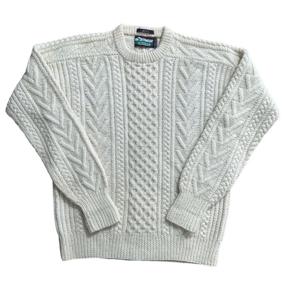 Vintage Northwear Nordstrom Hand Knit 100% Wool Cable Knit Sweater Mens XL Cream